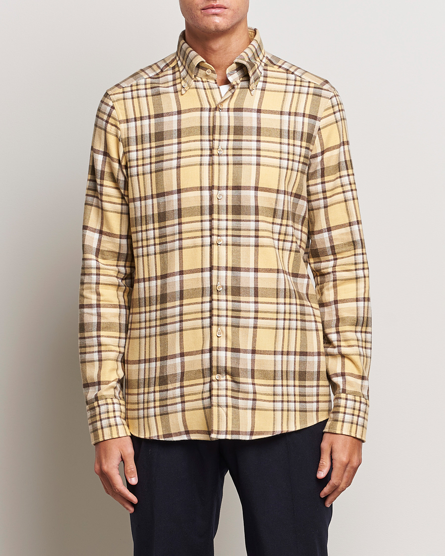 Herren | Hemden | Stenströms | Slimline Checked Button Down Flannel Shirt Yellow