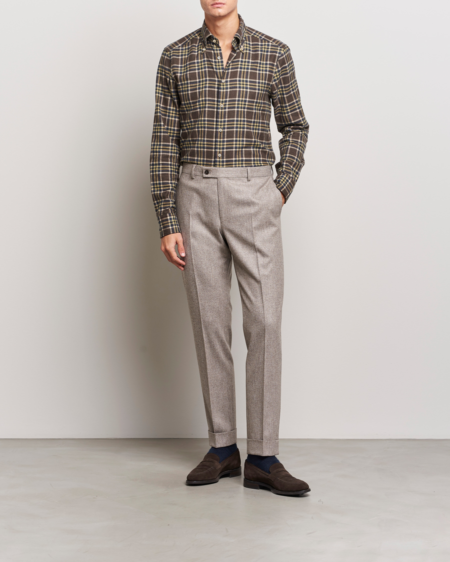Herren | Hemden | Stenströms | Slimline Checked Button Down Flannel Shirt Brown