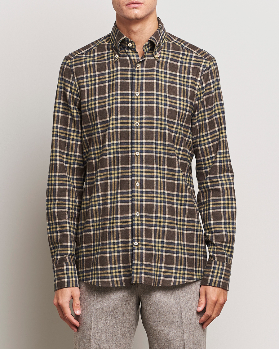Herren | Hemden | Stenströms | Slimline Checked Button Down Flannel Shirt Brown