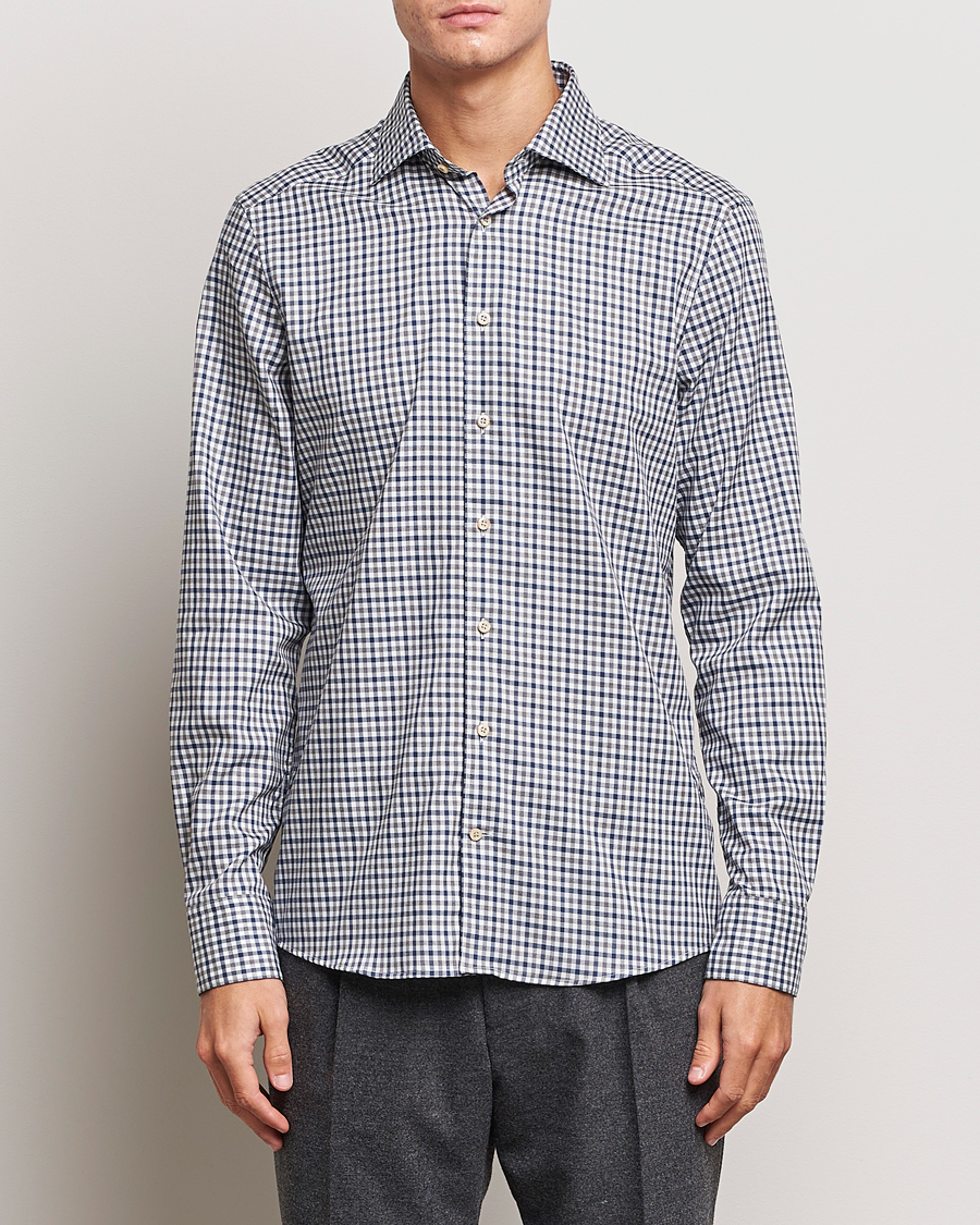Herren | Hemden | Stenströms | Slimline Small Checked Flannel Shirt Blue/Grey