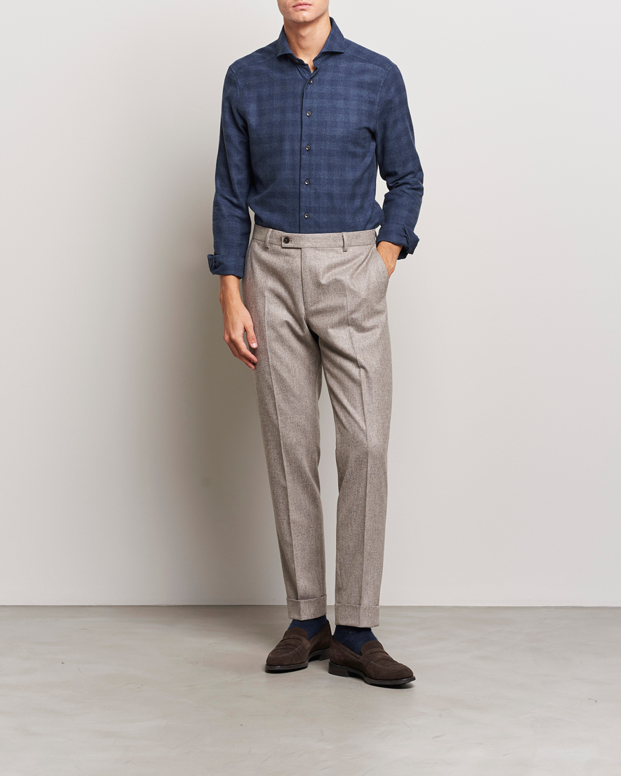Herren | Hemden | Stenströms | Slimline Checked Cut Away Flannel Shirt Navy