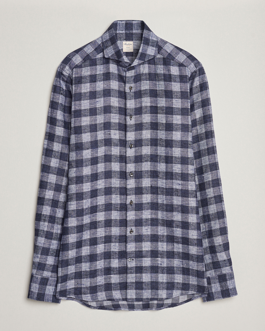 Herren | Hemden | Stenströms | Slimline Checked Linen Flannel Shirt Blue