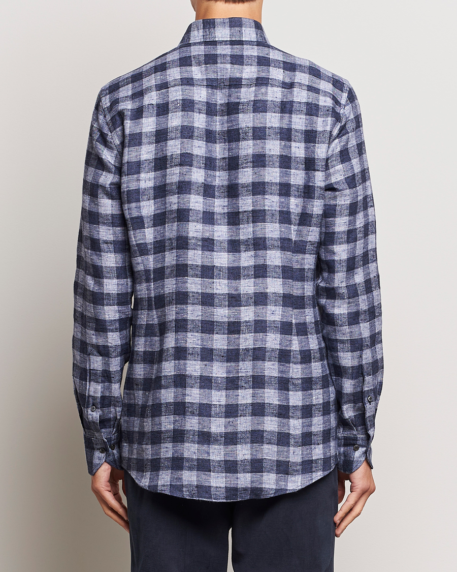 Herren | Hemden | Stenströms | Slimline Checked Linen Flannel Shirt Blue