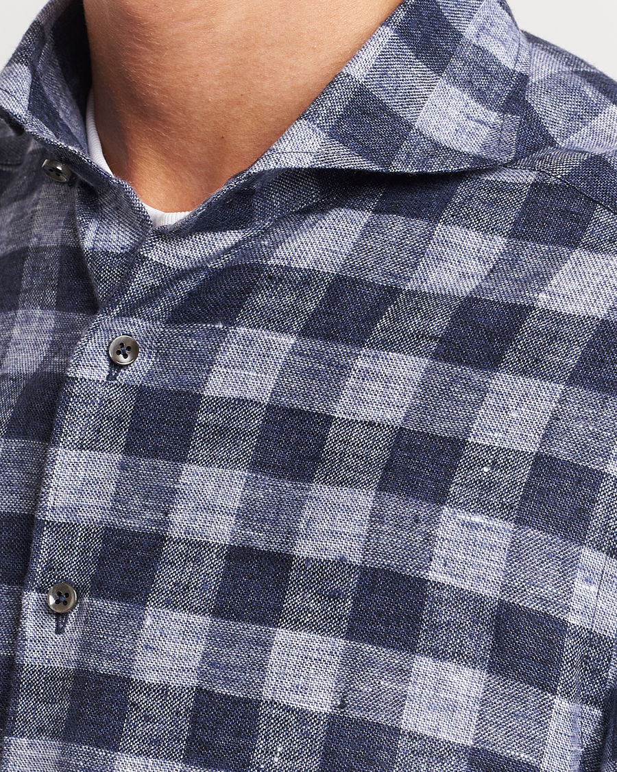 Herren | Hemden | Stenströms | Slimline Checked Linen Flannel Shirt Blue