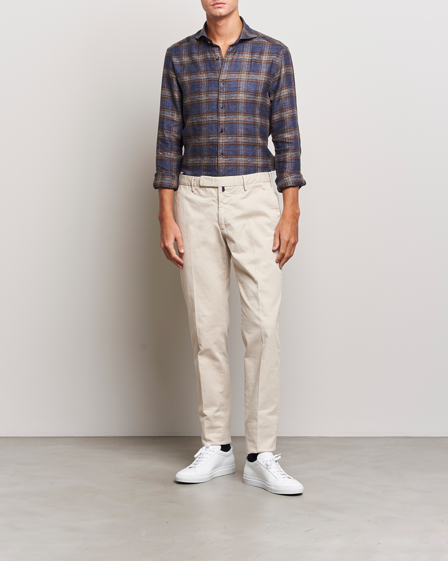 Herren | Hemden | Stenströms | Slimline Checked Linen Flannel Shirt Brown