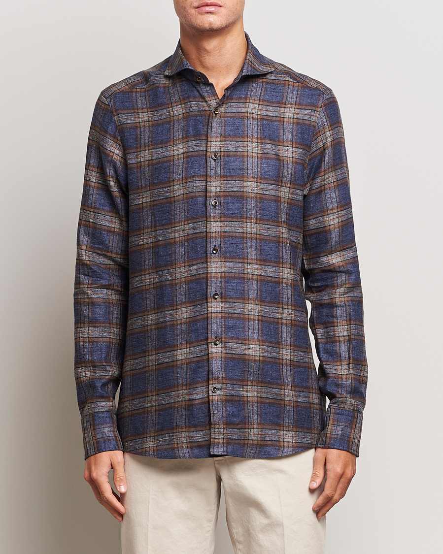 Herren | Hemden | Stenströms | Slimline Checked Linen Flannel Shirt Brown