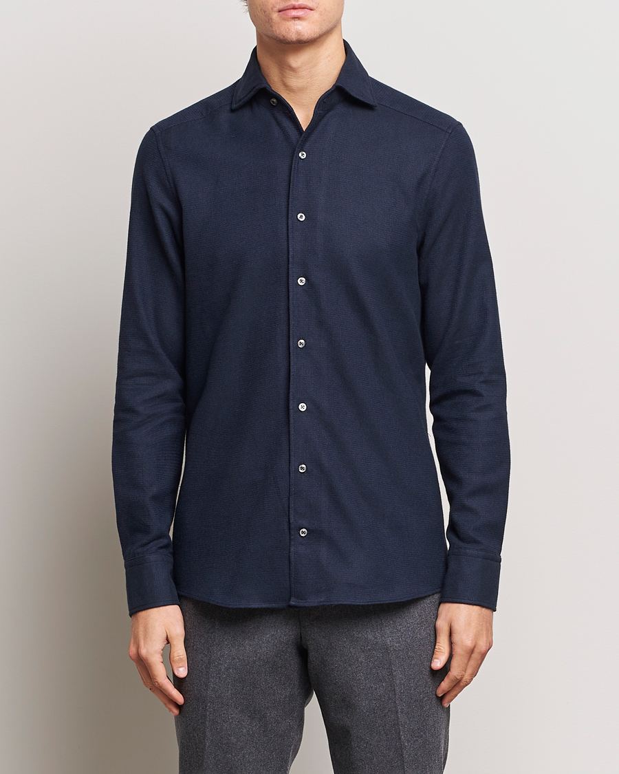 Herren | Hemden | Stenströms | Slimline Micro Structure Flannel Shirt Navy