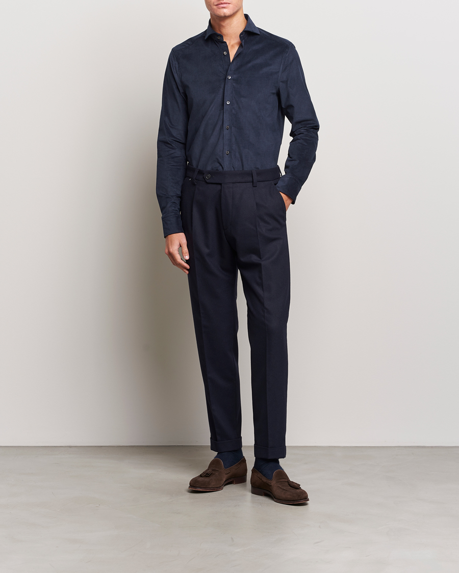 Herren | Hemden | Stenströms | Slimline Cut Away Corduroy Shirt Navy
