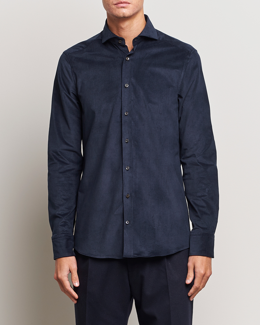 Herren | Hemden | Stenströms | Slimline Cut Away Corduroy Shirt Navy