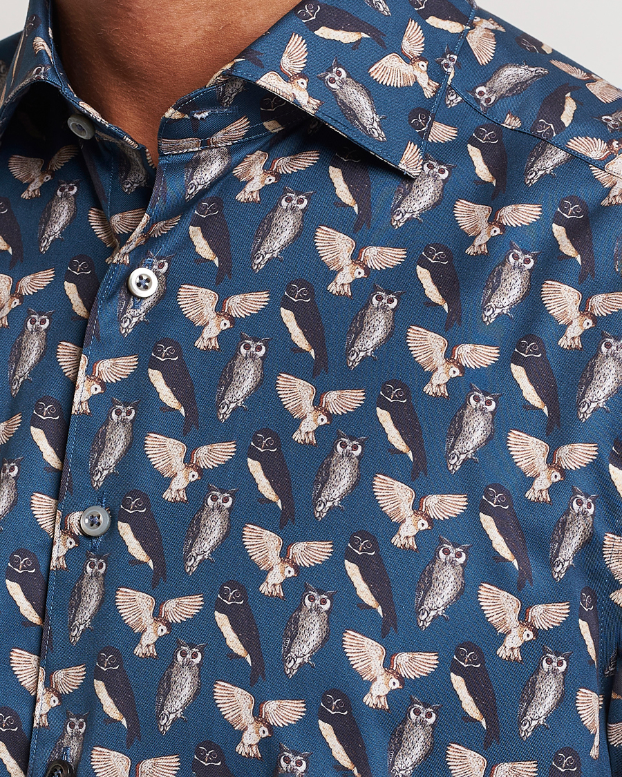 Herren | Hemden | Stenströms | Slimline Owl Printed Cut Away Shirt Blue