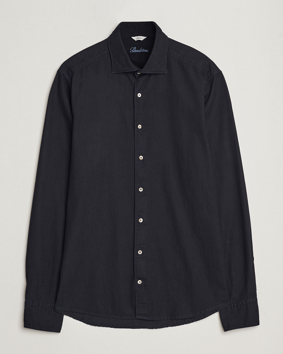 Herren | Hemden | Stenströms | Slimline Cut Away Overdyed Denim Shirt Dark Blue