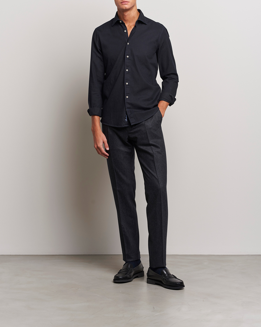 Herren | Hemden | Stenströms | Slimline Cut Away Overdyed Denim Shirt Dark Blue