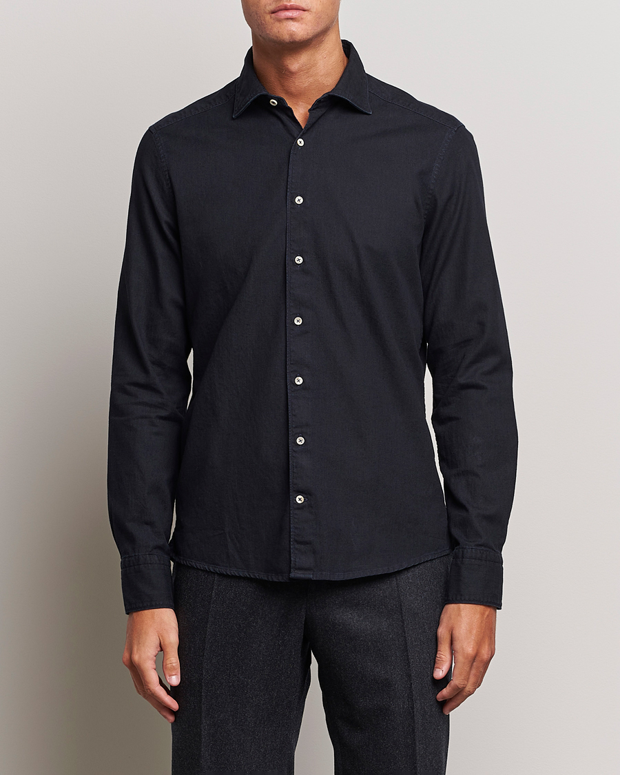 Herren | Hemden | Stenströms | Slimline Cut Away Overdyed Denim Shirt Dark Blue