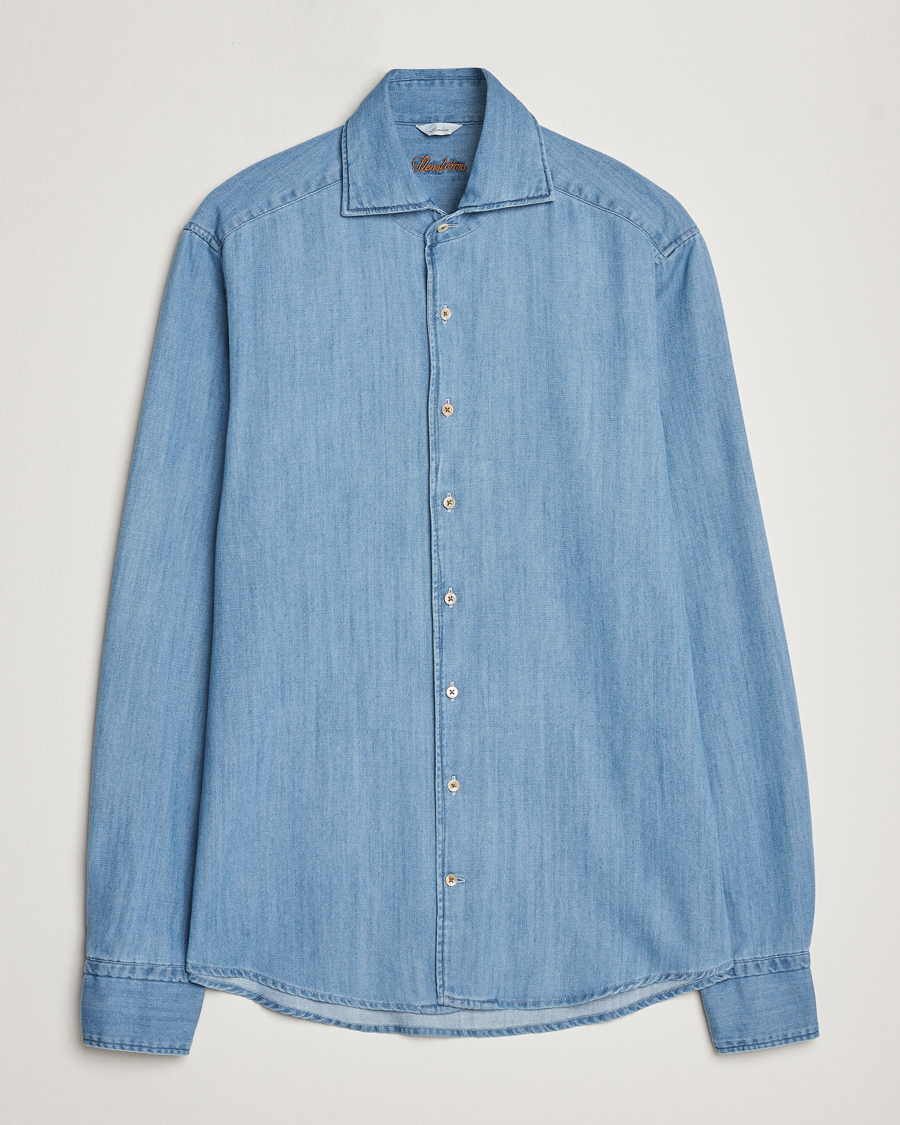 Herren | Hemden | Stenströms | Slimline One Piece Collar Denim Shirt Light Blue