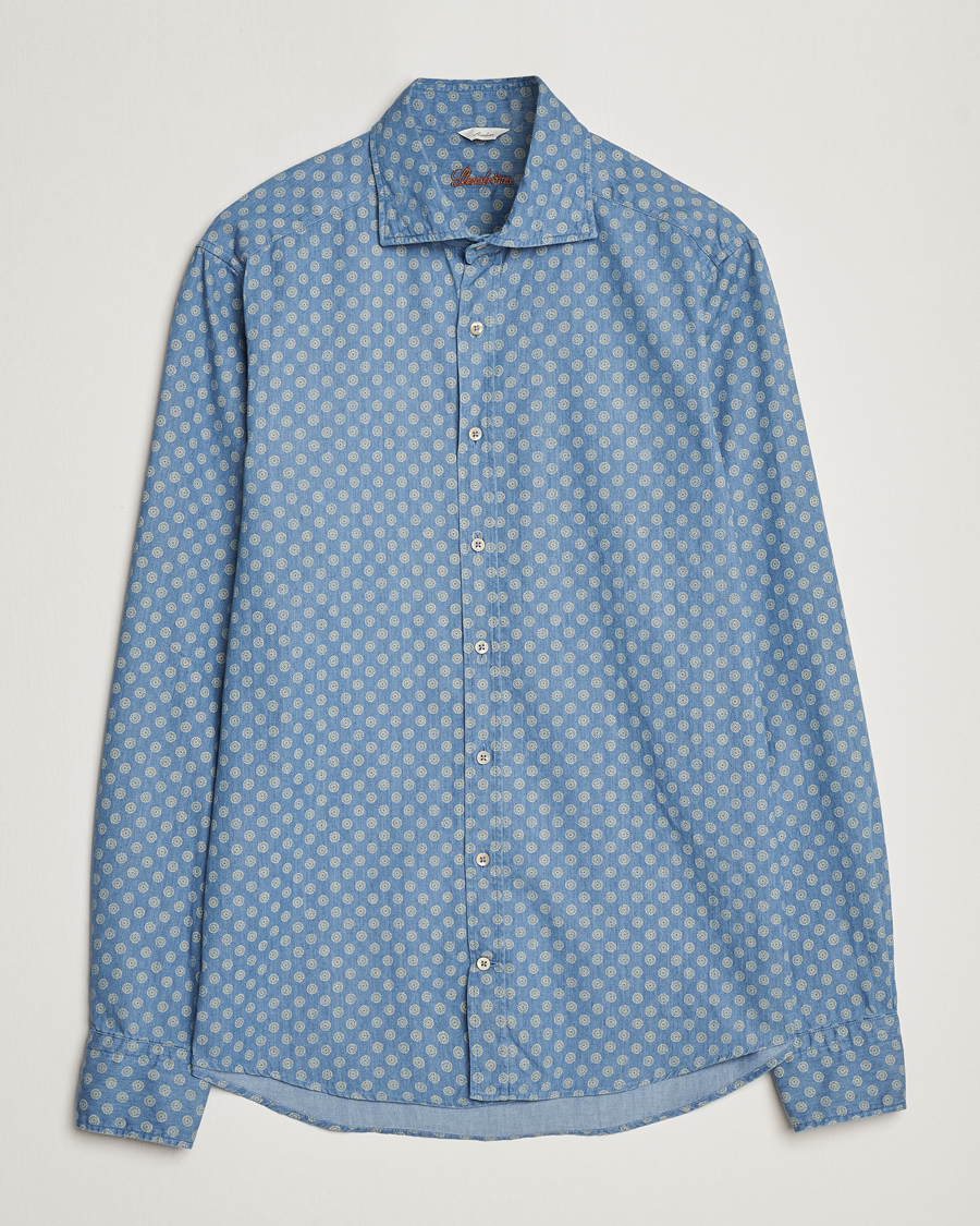 Herren | Hemden | Stenströms | Slimline Printed Cut Away Denim Shirt Light Blue
