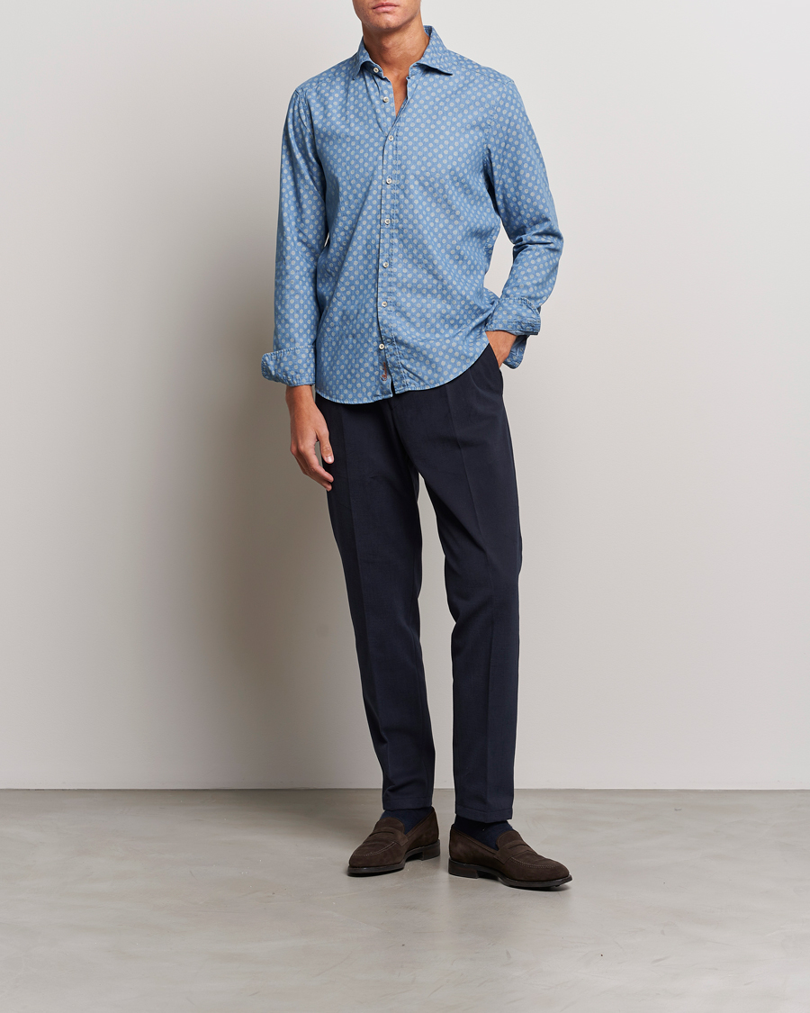 Herren | Hemden | Stenströms | Slimline Printed Cut Away Denim Shirt Light Blue