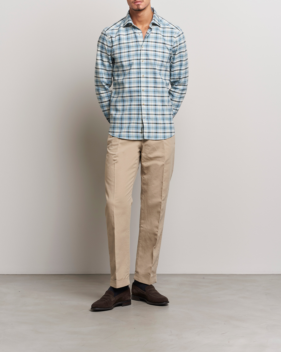 Herren | Hemden | Stenströms | Slimline Checked Oxford Cut Away Shirt Light Blue