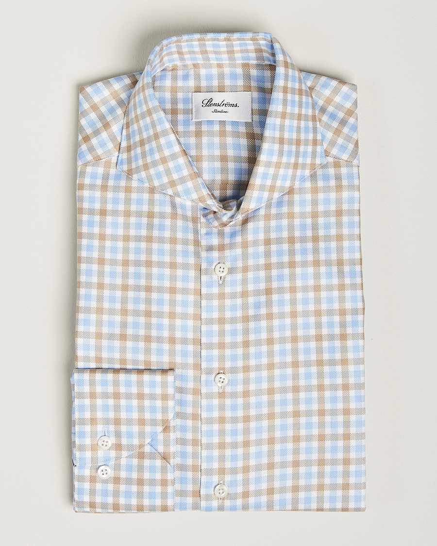Herren | Hemden | Stenströms | Slimline Checked Royal Oxford Shirt Beige/Blue