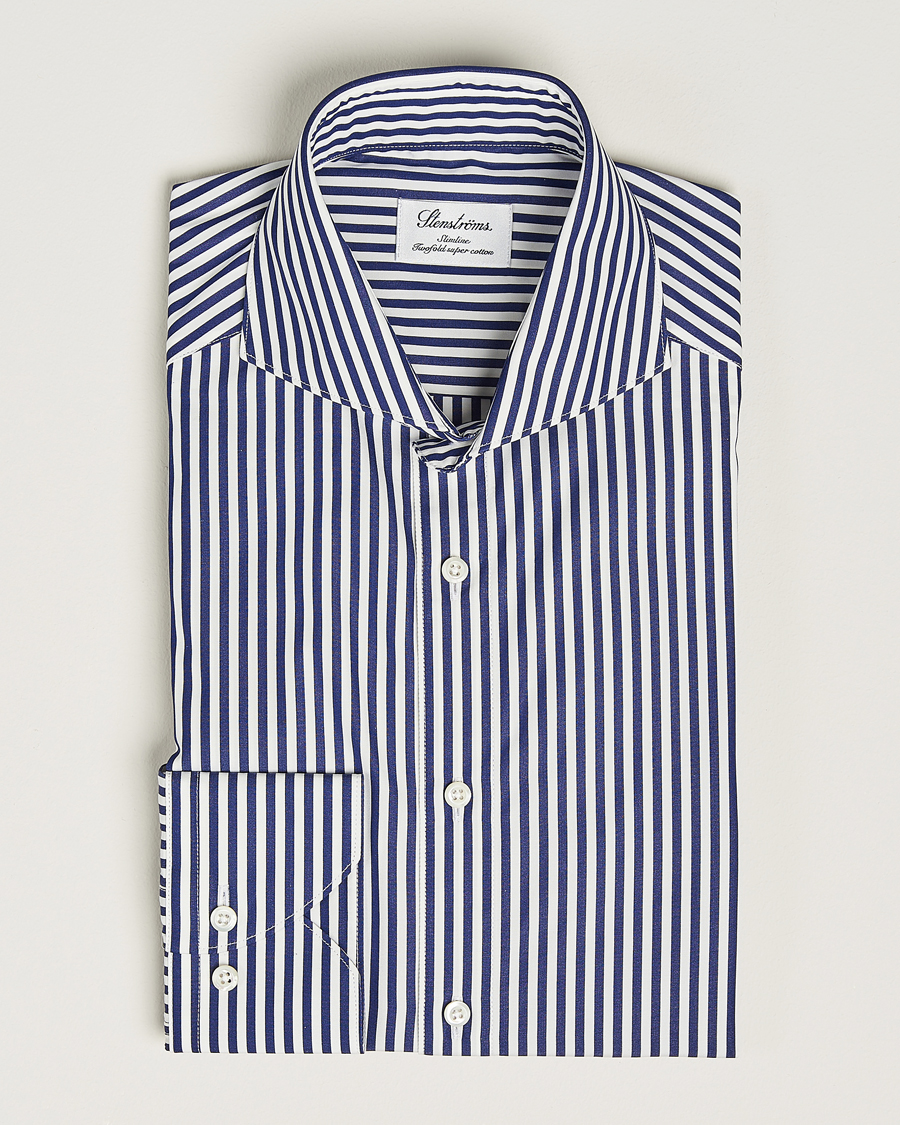 Herren | Hemden | Stenströms | Slimline Striped Popline Cut Away Shirt Navy