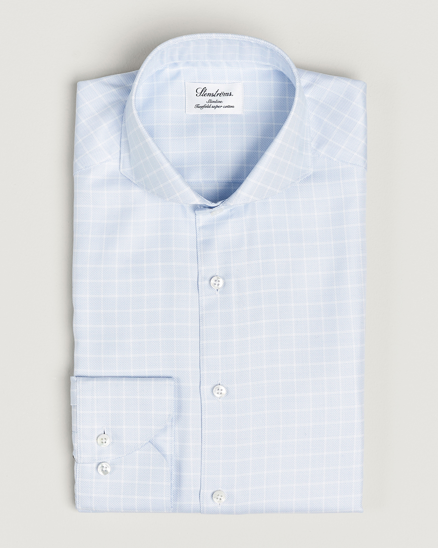 Herren | Hemden | Stenströms | Slimline Small Checked Cut Away Shirt Light Blue