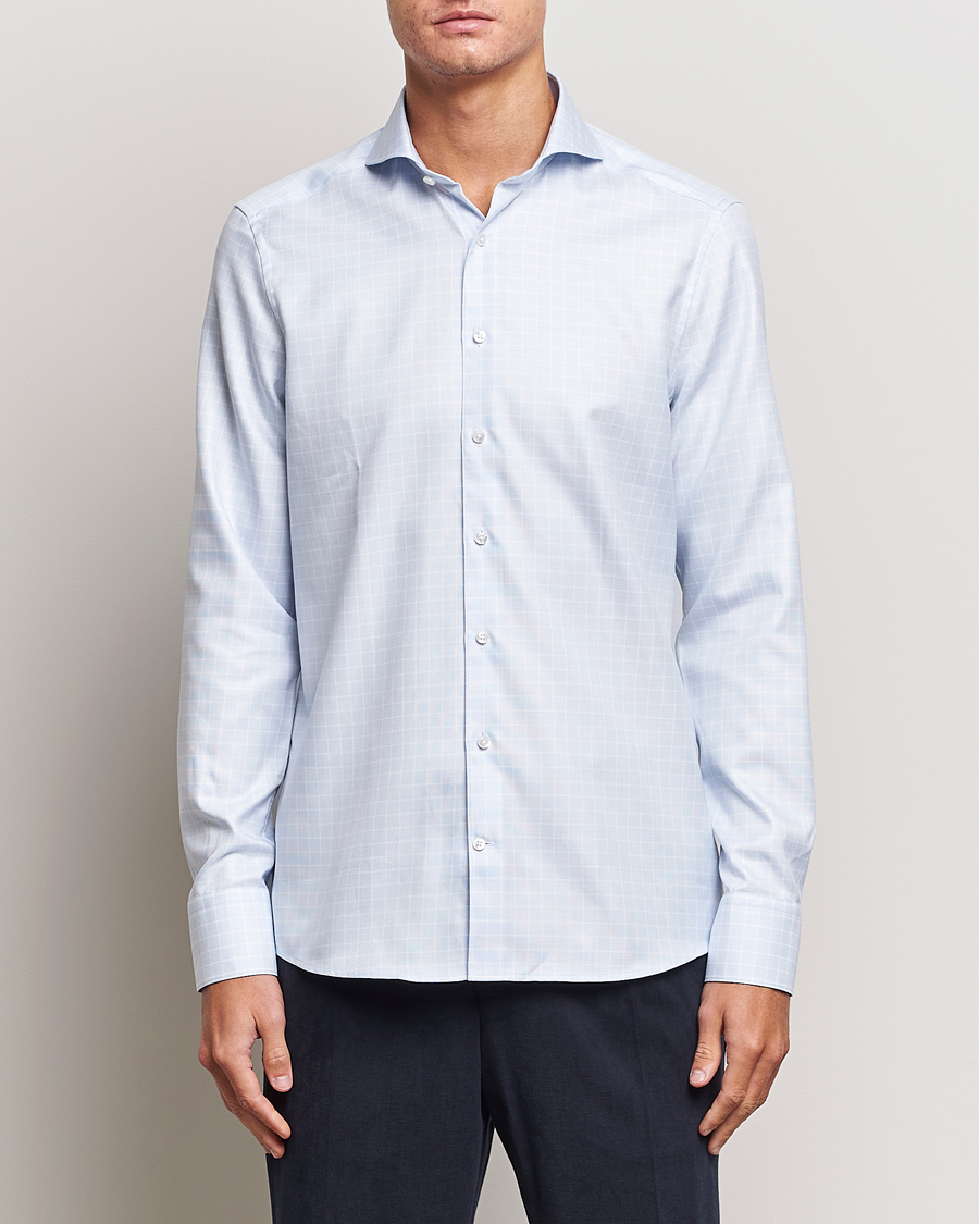 Herren | Hemden | Stenströms | Slimline Small Checked Cut Away Shirt Light Blue