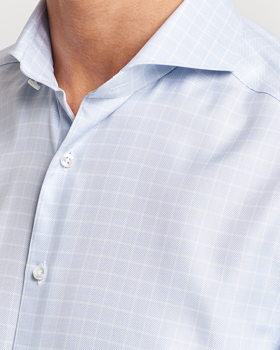 Herren | Hemden | Stenströms | Slimline Small Checked Cut Away Shirt Light Blue