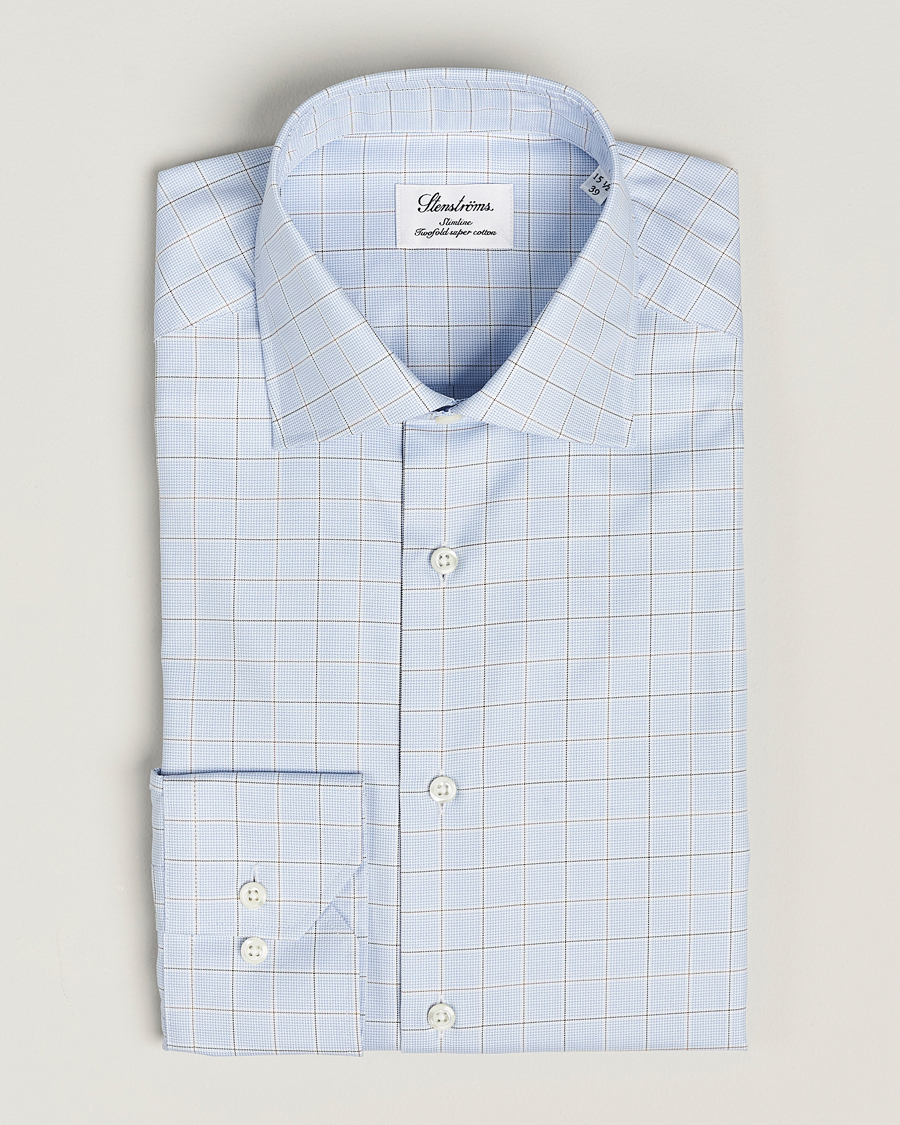 Herren | Hemden | Stenströms | Slimline Houndstooth Checked Cut Away Shirt Blue