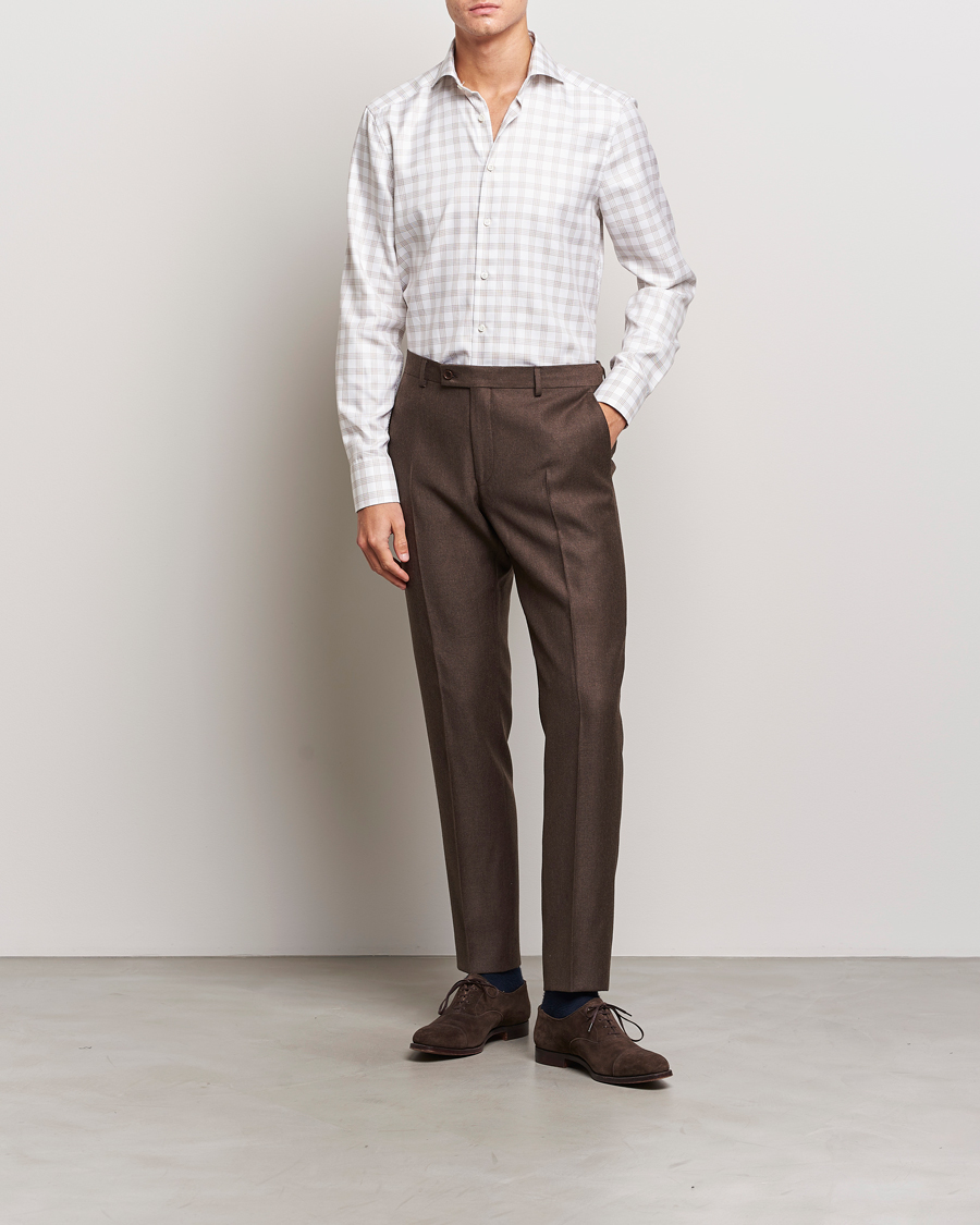 Herren | Hemden | Stenströms | Slimline Checked Cut Away Shirt White/Brown