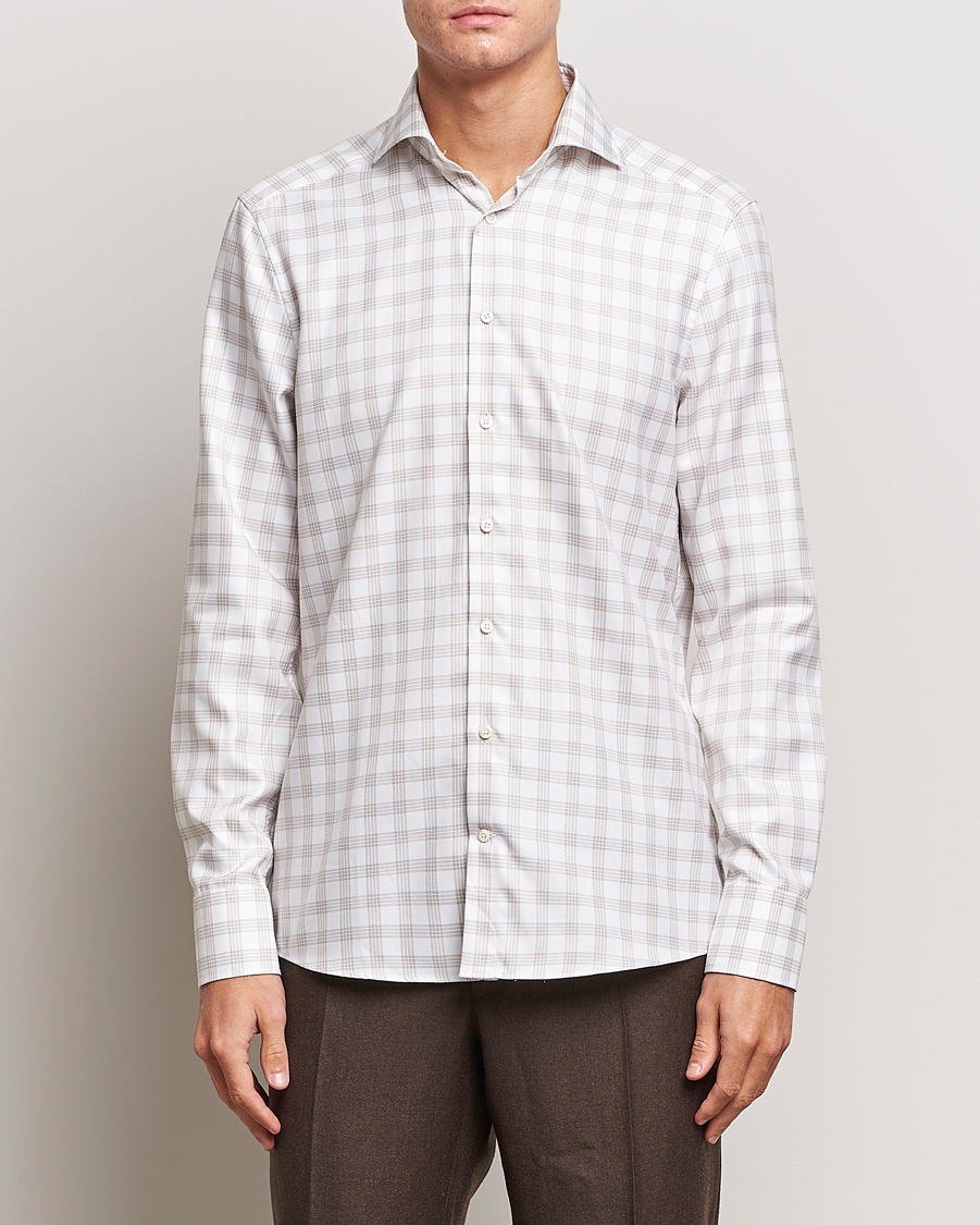 Herren | Hemden | Stenströms | Slimline Checked Cut Away Shirt White/Brown