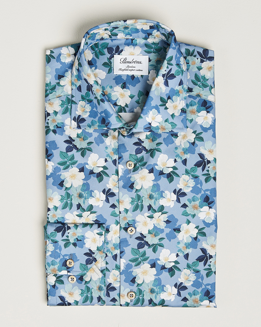 Herren | Hemden | Stenströms | Slimline Printed Flower Cut Away Shirt Blue