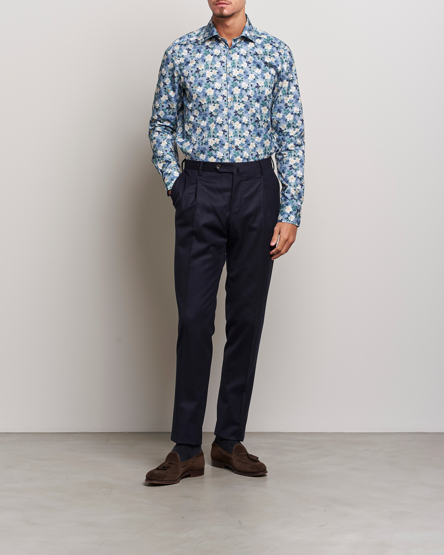 Herren | Hemden | Stenströms | Slimline Printed Flower Cut Away Shirt Blue