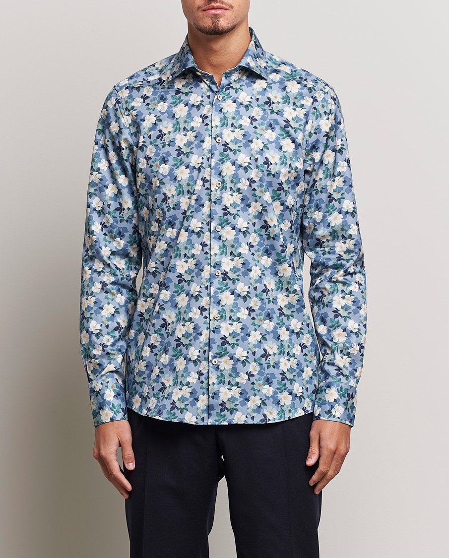 Herren | Hemden | Stenströms | Slimline Printed Flower Cut Away Shirt Blue