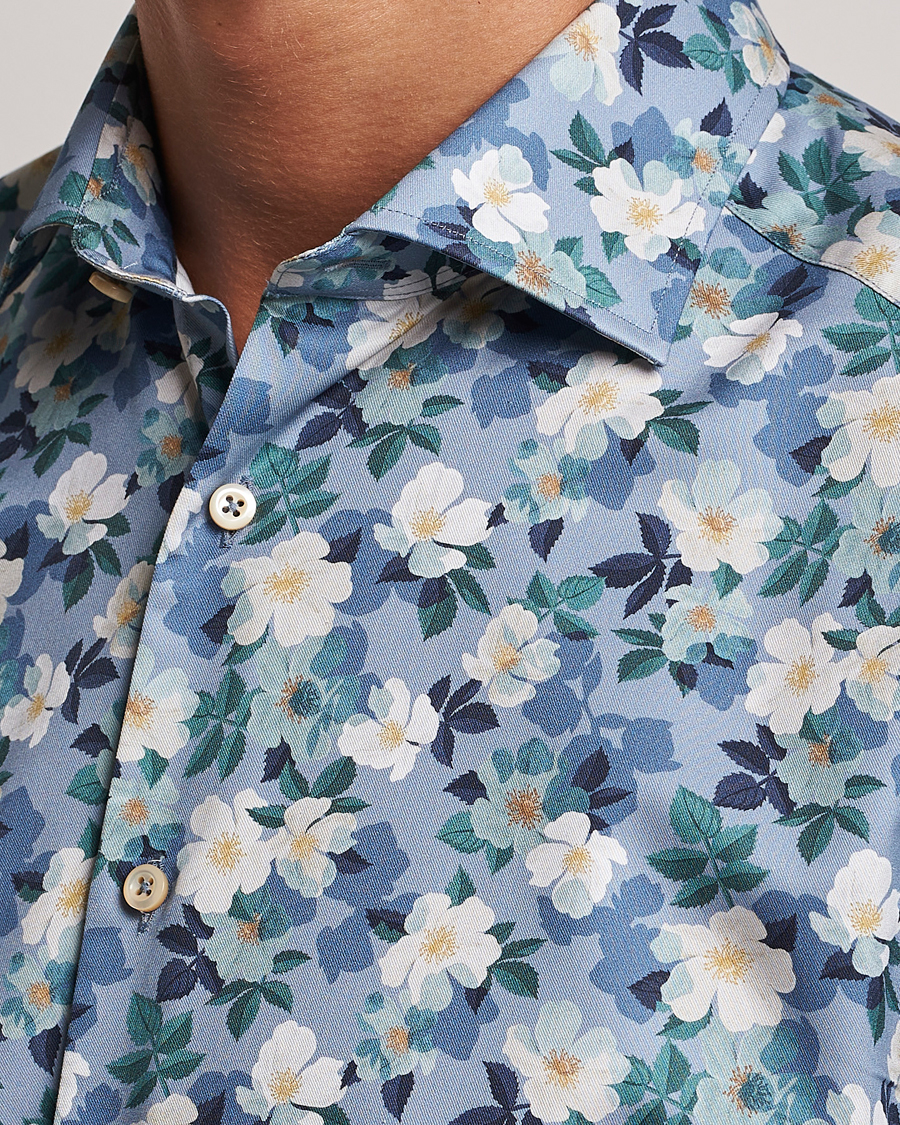 Herren | Hemden | Stenströms | Slimline Printed Flower Cut Away Shirt Blue