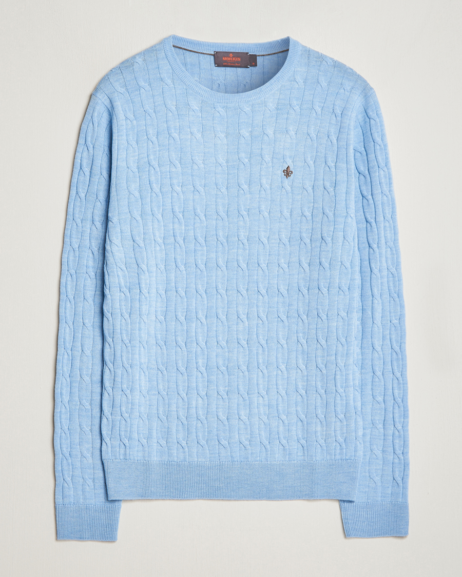 Herren | Pullover | Morris | Merino Cable Crew Neck Light Blue