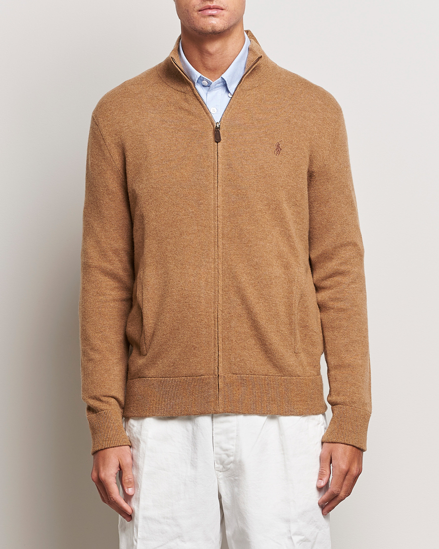 Herren | Pullover | Polo Ralph Lauren | Merino Knitted Full Zip Sweater Latte Brown Heather