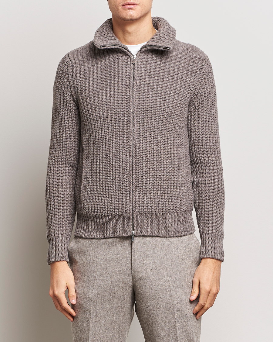 Herren | Pullover | Gran Sasso | Wool/Cashmere Heavy Knitted Full Zip Taupe Melange