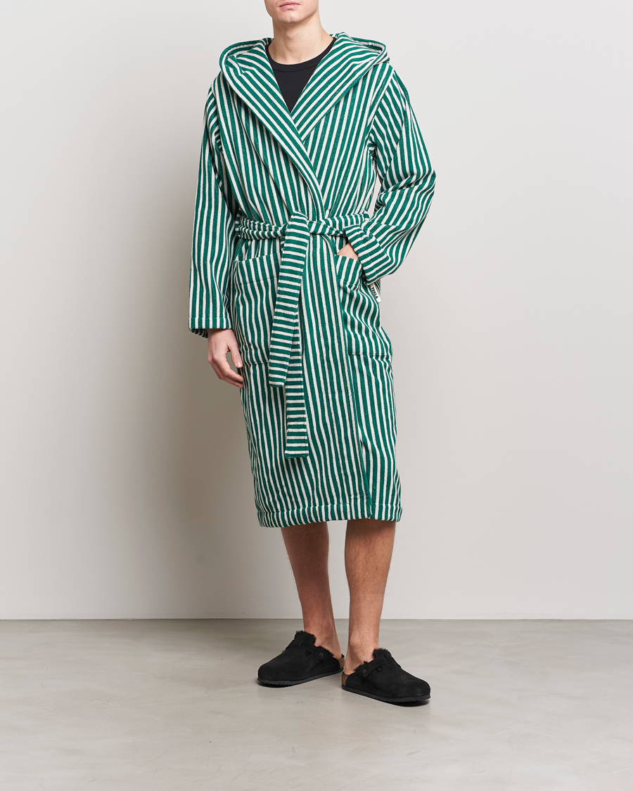 Herren | Schlafanzüge & Bademäntel | Tekla | Organic Terry Hooded Bathrobe Teal Green Stripes