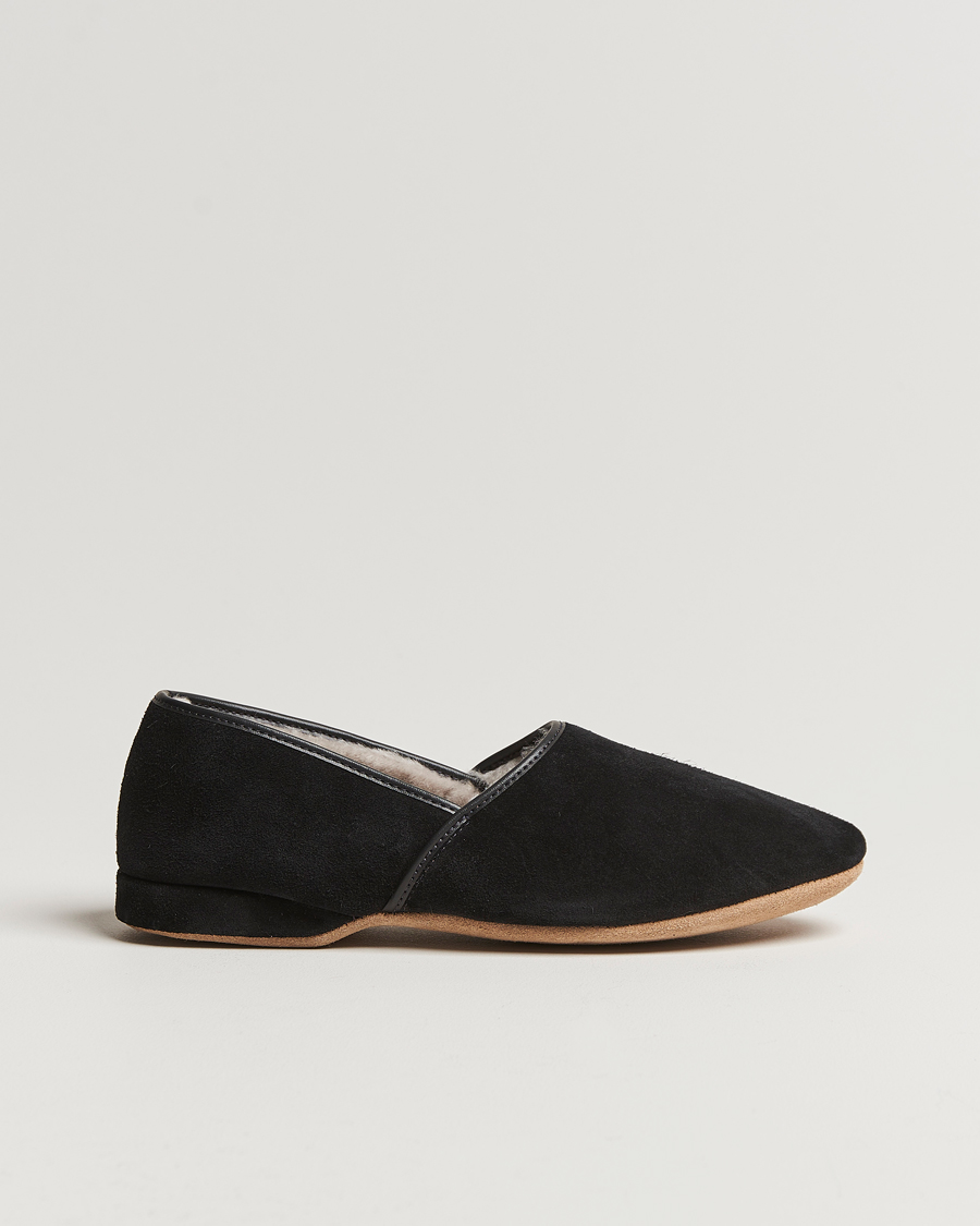 Herren | Derek Rose Crawford Sheepskin Suede Slippers Black | Derek Rose | Crawford Sheepskin Suede Slippers Black