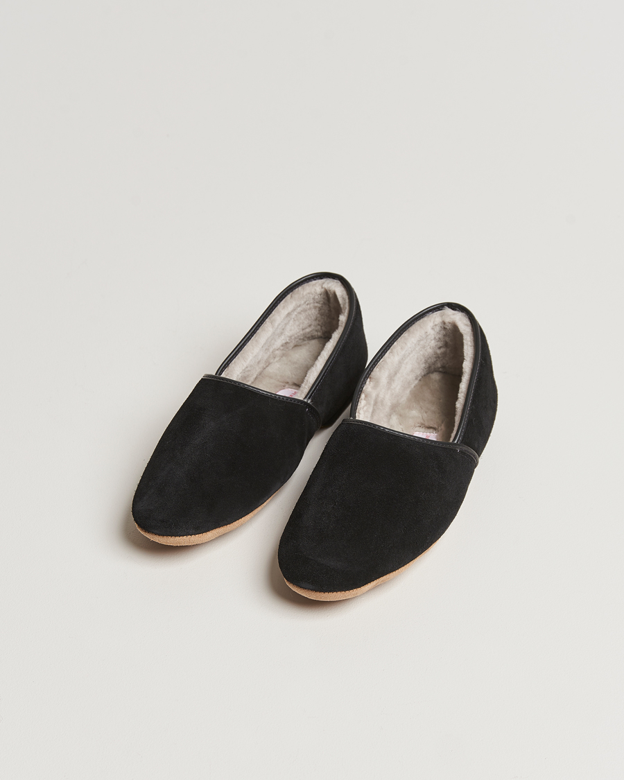 Herren | Derek Rose Crawford Sheepskin Suede Slippers Black | Derek Rose | Crawford Sheepskin Suede Slippers Black