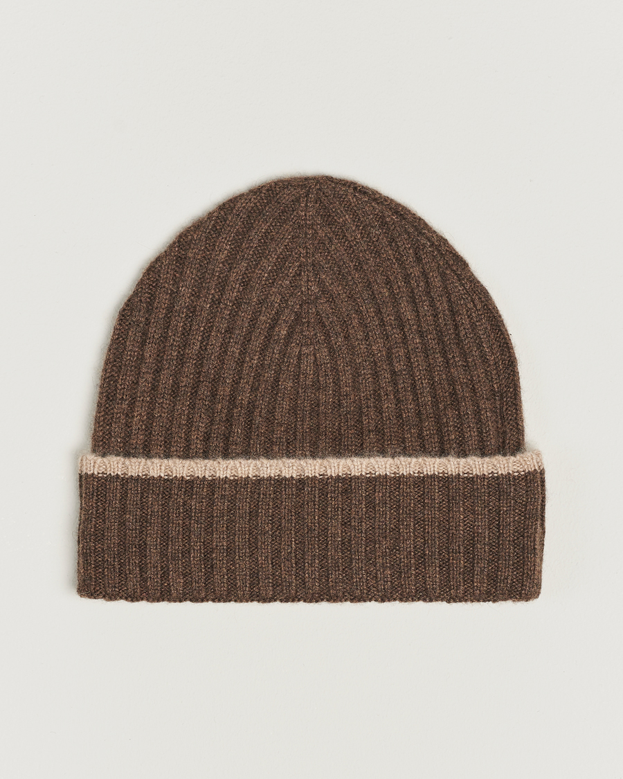 Herren | Amanda Christensen Rib Knitted Cashmere Paspoal Cap Brown Melange | Amanda Christensen | Rib Knitted Cashmere Paspoal Cap Brown Melange
