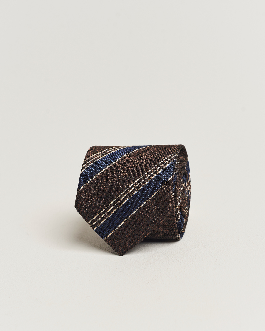 Herren | Amanda Christensen Cotton/Wool/Silk 8cm Regimental Stripe Tie Brown/Navy | Amanda Christensen | Cotton/Wool/Silk 8cm Regimental Stripe Tie Brown/Navy
