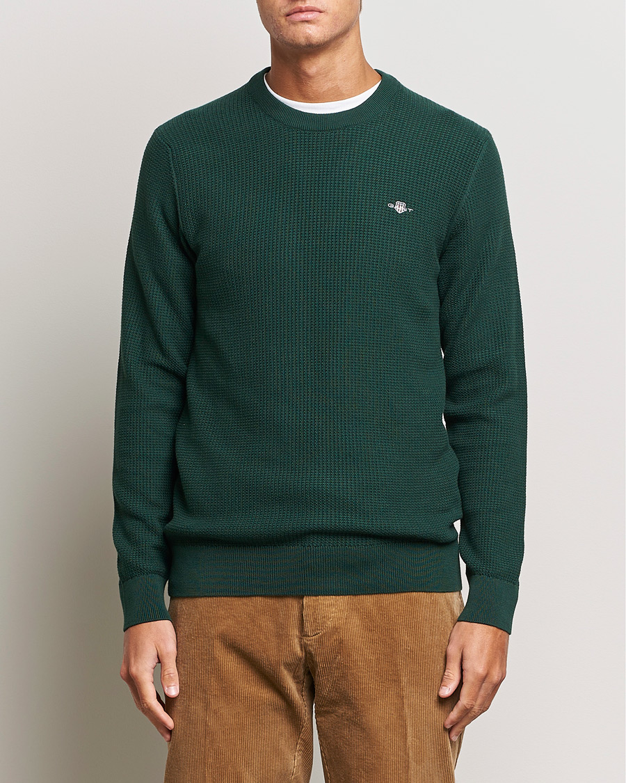 Herren | Pullover | GANT | Cotton Micro Textured Crew Neck Tartan Green
