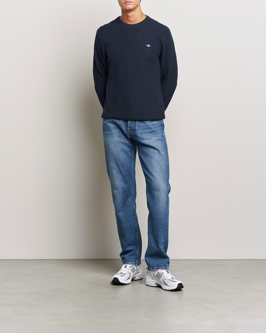 Herren | Pullover | GANT | Cotton Micro Textured Crew Neck Evening Blue