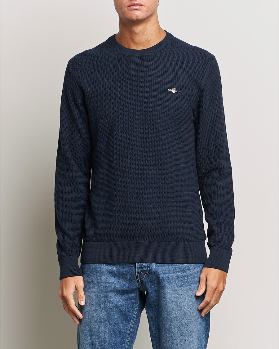 Herren | Pullover | GANT | Cotton Micro Textured Crew Neck Evening Blue