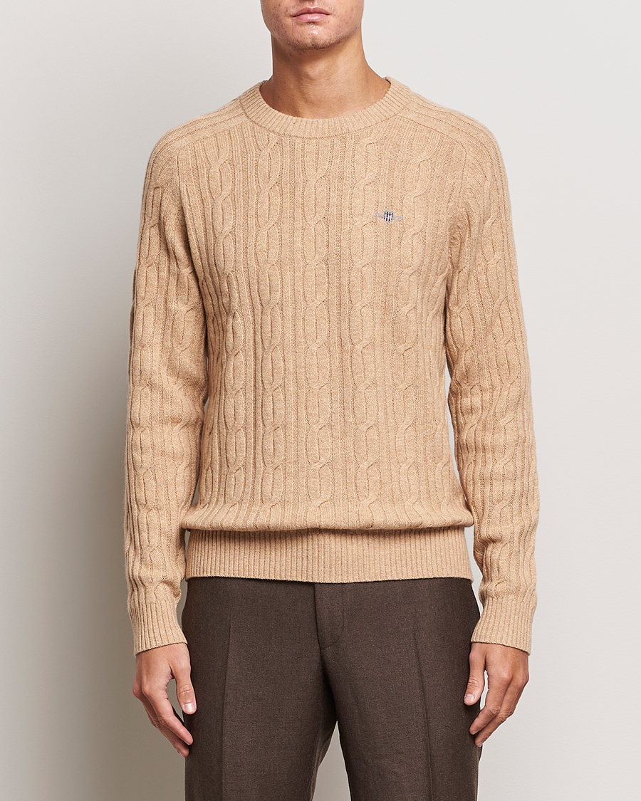 Herren | Pullover | GANT | Lambswool Cable Crew Neck Pullover Khaki Melange