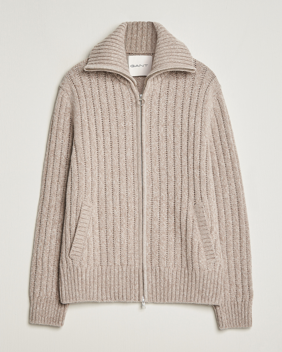 Herren | Pullover | GANT | Heavy Structured Knitted Full Zip Light Beige Melange