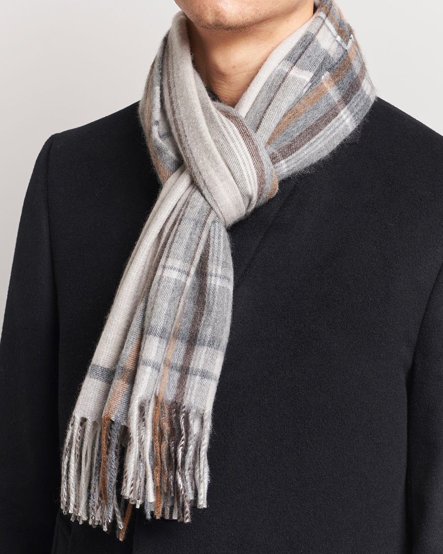 Herren | Begg & Co Striped/Checked Cashmere Scarf 36*183cm Natural Grey | Begg & Co | Striped/Checked Cashmere Scarf 36*183cm Natural Grey