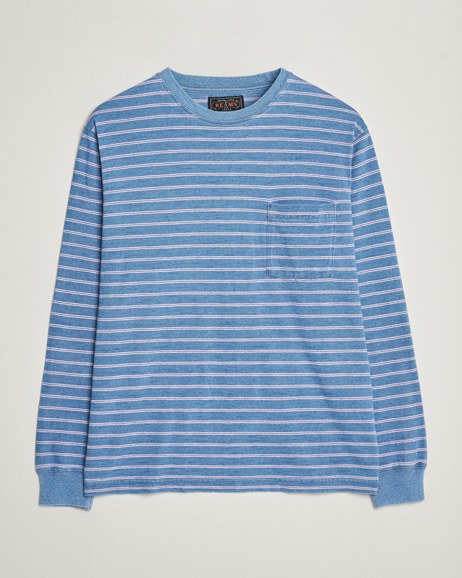 Herren | T-Shirts | BEAMS PLUS | Indigo Stripe Long Sleeve T-Shirt Light Blue