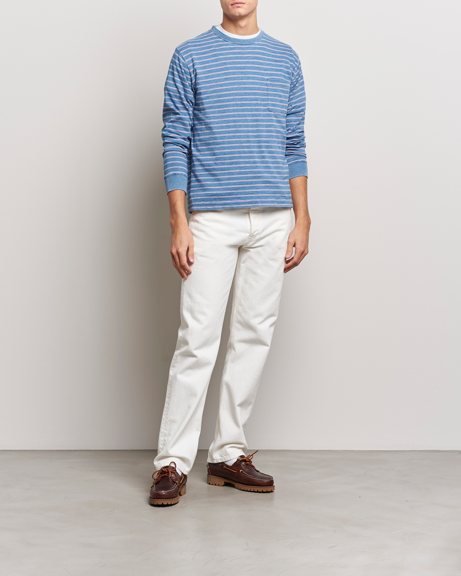 Herren | T-Shirts | BEAMS PLUS | Indigo Stripe Long Sleeve T-Shirt Light Blue