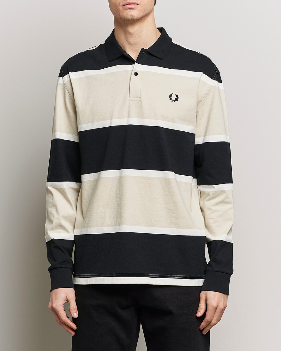 Herren | Rugbypullover | Fred Perry | Relaxed Striped Rugby Shirt Oatameal/Black